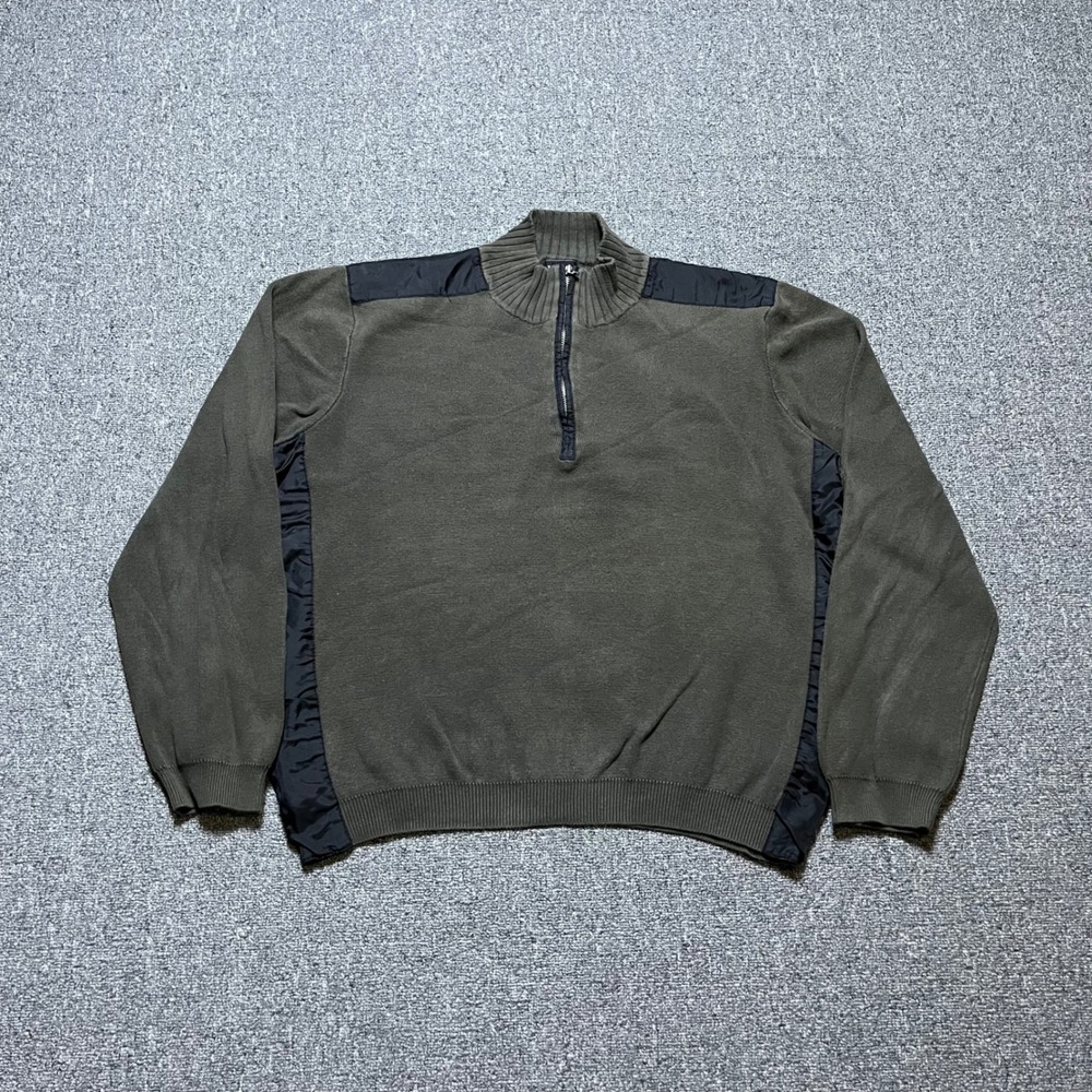 Van Heusen Sport Quarter Zip Sweater Size M Olive Green Nylon Trim